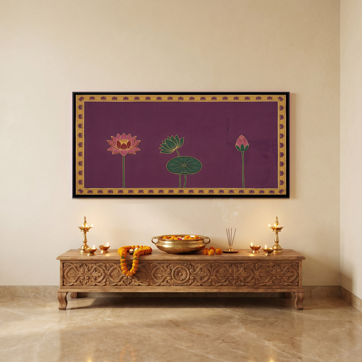 Three Lotus Stems - canvas art shown in a second room setting