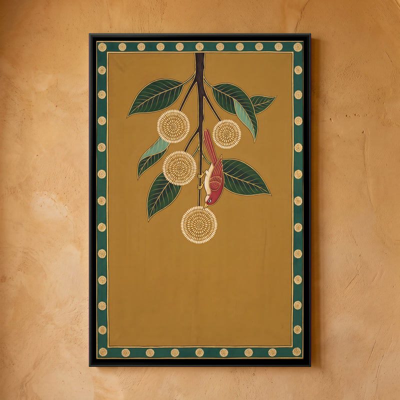 Bird on a Kadamba Branch - framed canvas art hung on a wall