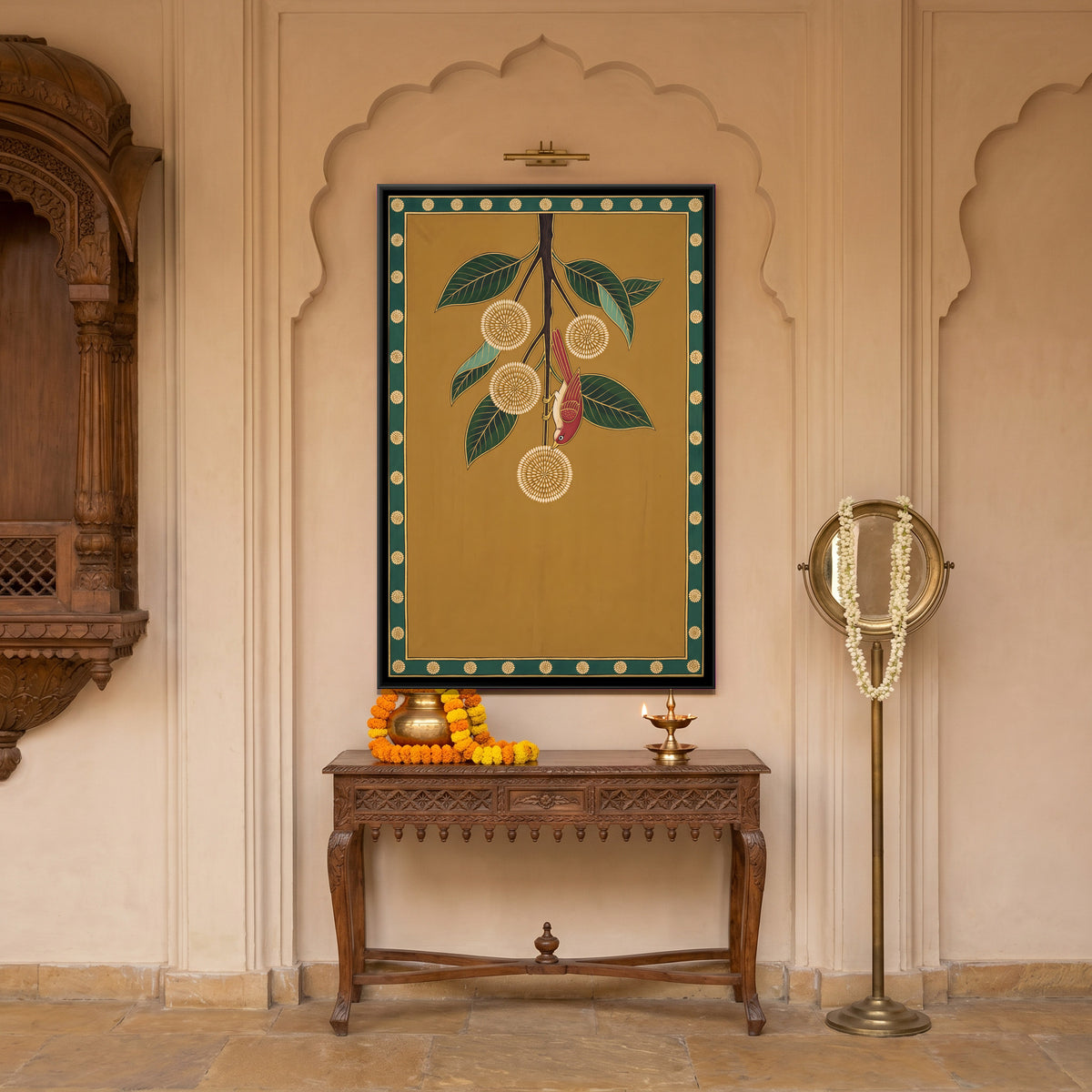 Bird on a Kadamba Branch - canvas art shown in a styled room
