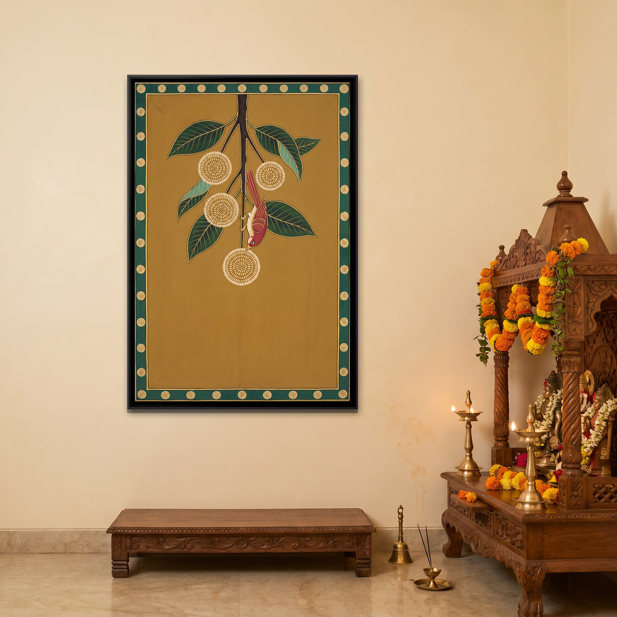 Bird on a Kadamba Branch - canvas art shown in a second room setting