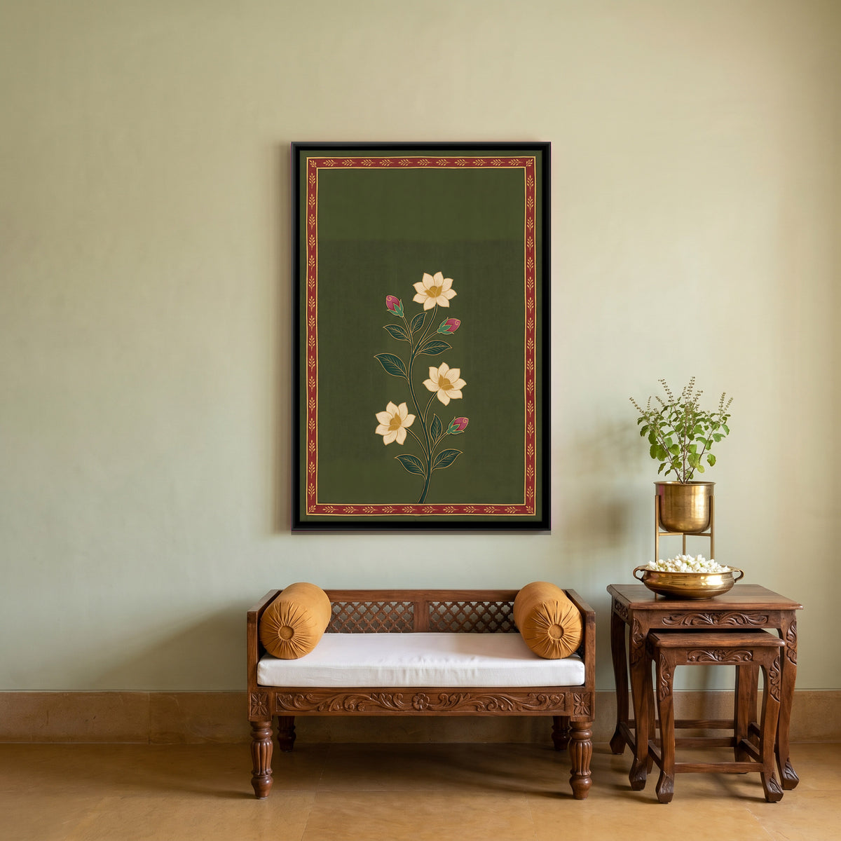 Flowering Vine with Pink Buds - canvas art shown in a styled room