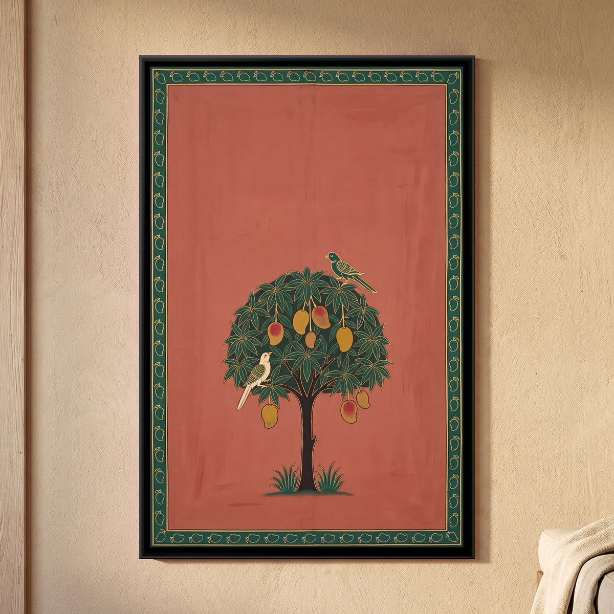 Mango Tree with Parrots - framed canvas art hung on a wall