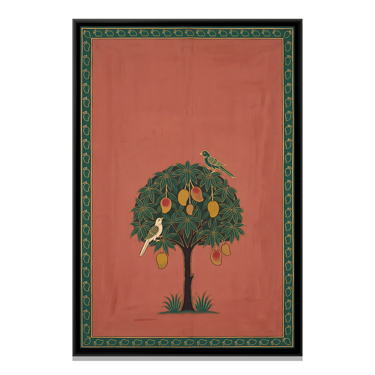 Mango Tree with Parrots - framed canvas print, front view