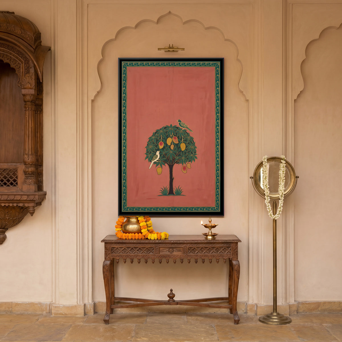 Mango Tree with Parrots - canvas art shown in a second room setting