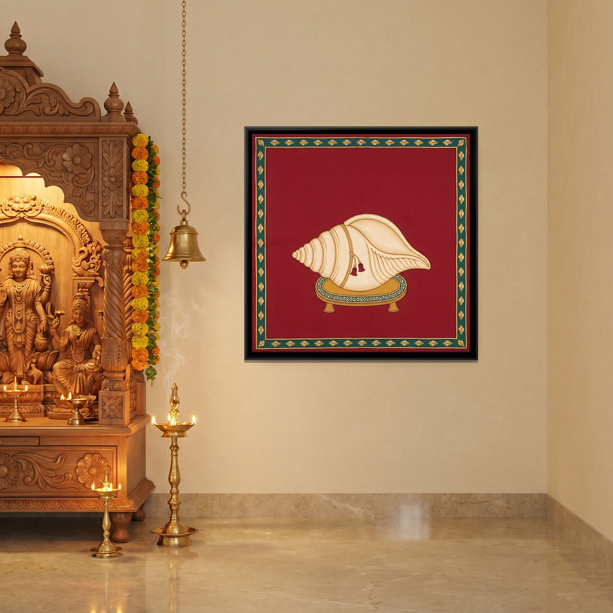 Sacred Conch on a Pedestal - canvas art shown in a styled room