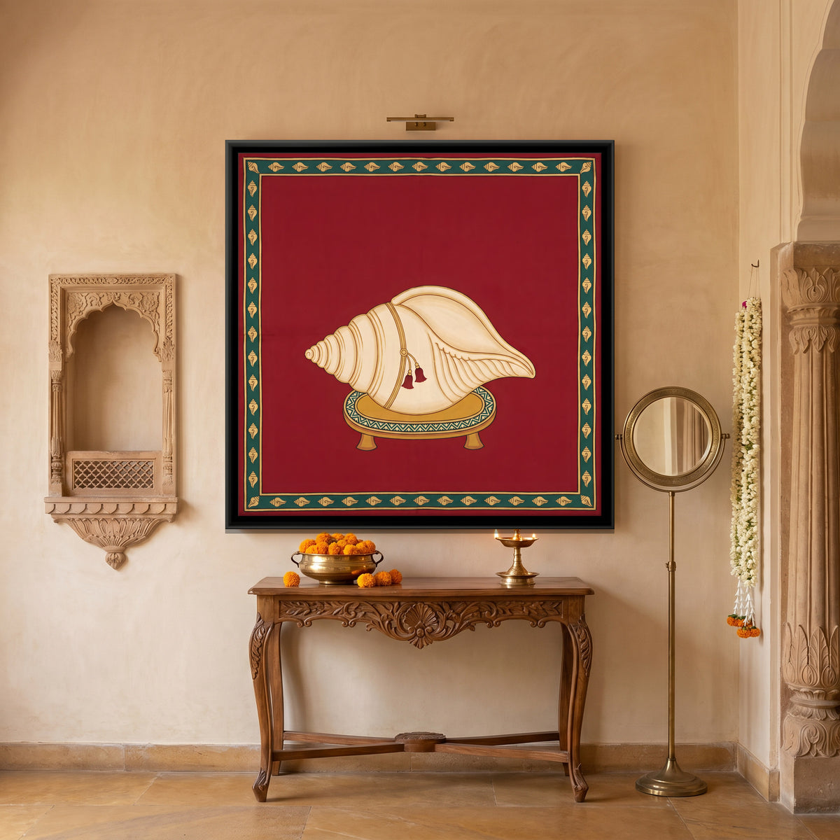 Sacred Conch on a Pedestal - canvas art shown in a second room setting