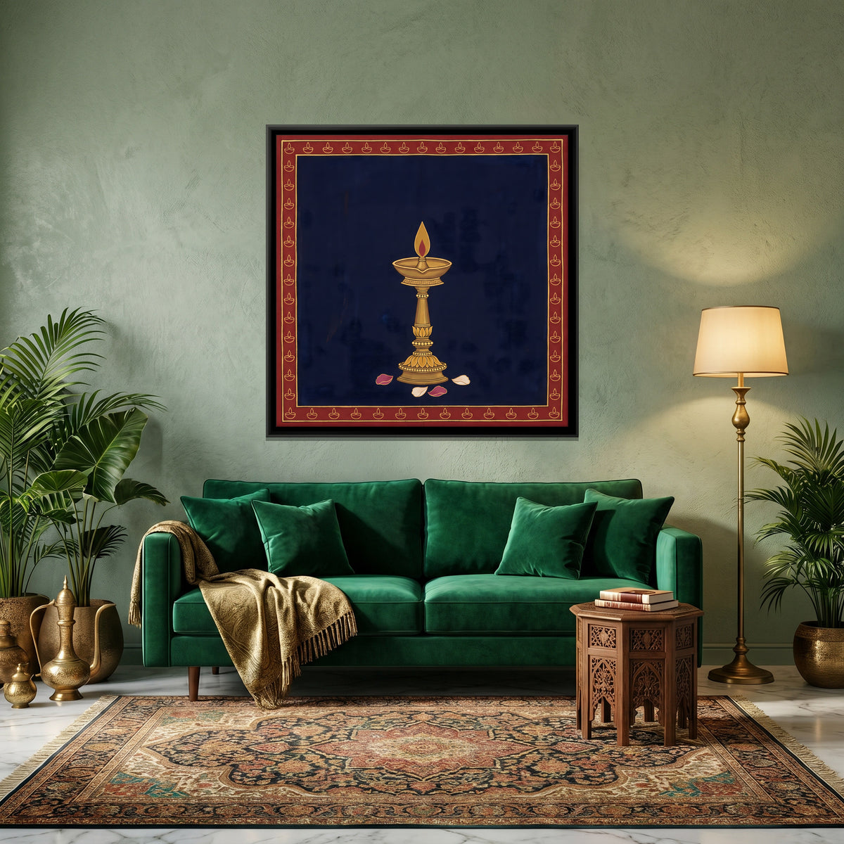 A Single Burning Lamp - canvas art shown in a styled room