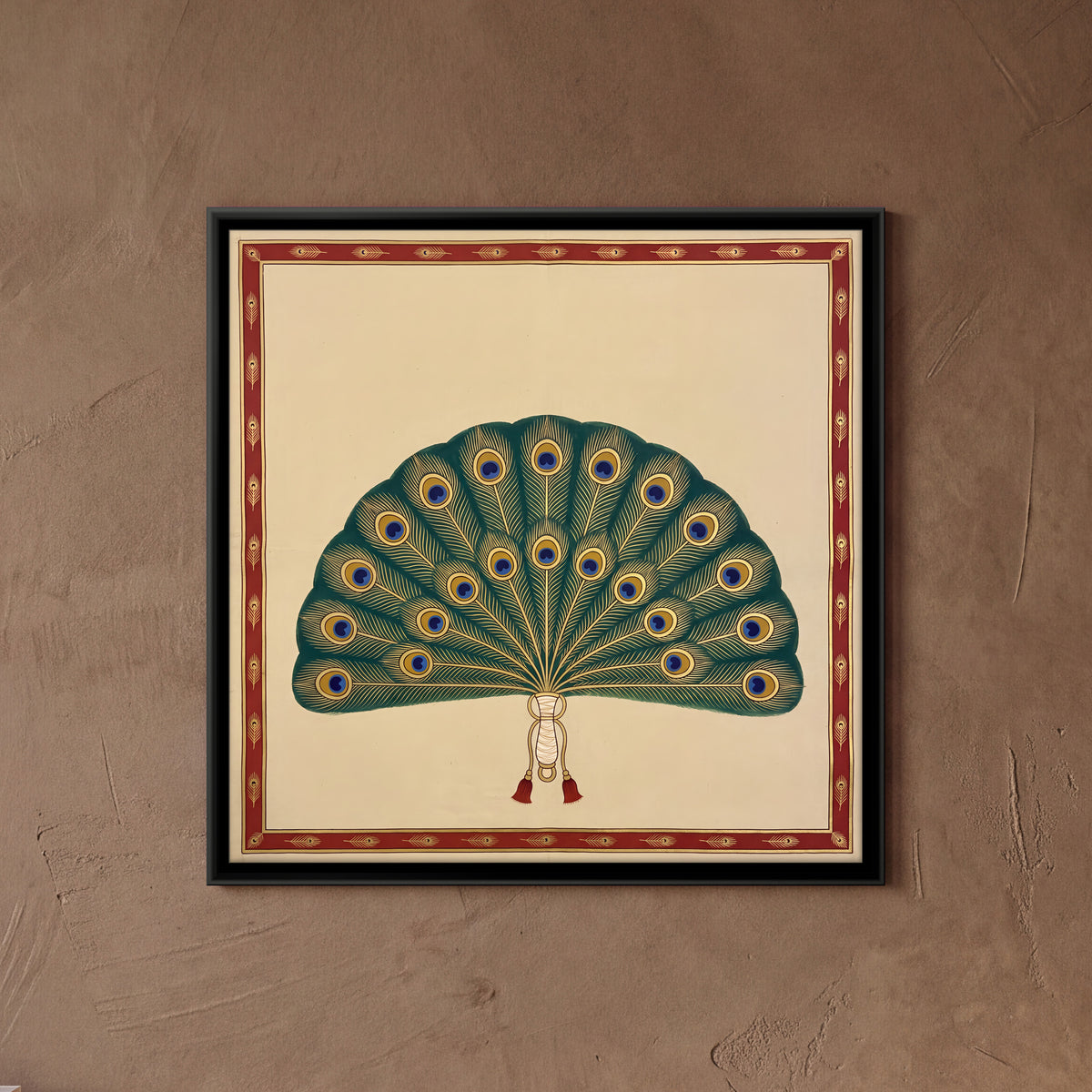 Peacock Feather Fan - framed canvas art hung on a wall