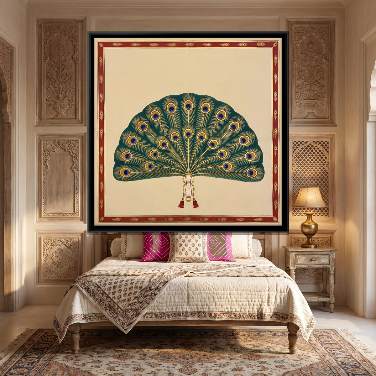 Peacock Feather Fan - canvas art shown in a styled room