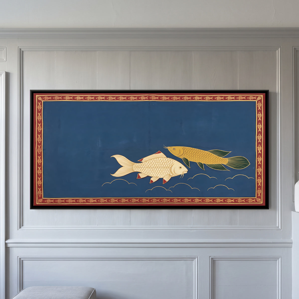 Pair of Fish Swimming - framed canvas art hung on a wall