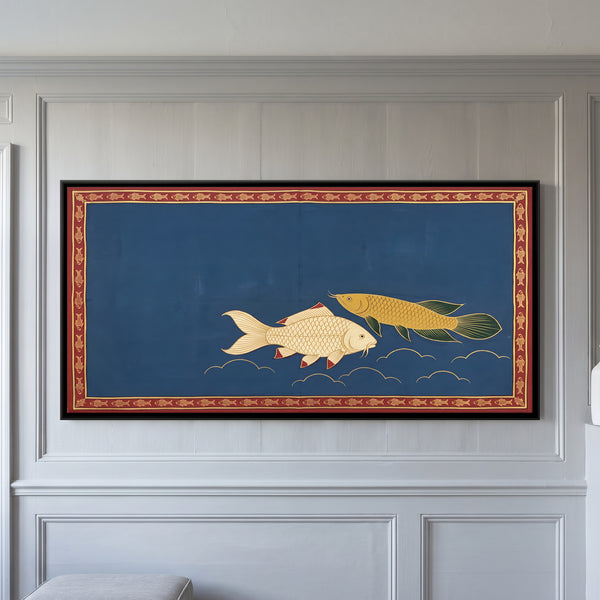 Two Fish Swimming Above Stylized Water Lines