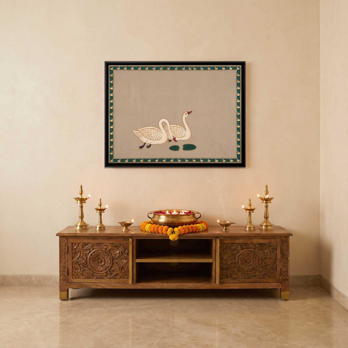 Pair of Swans - canvas art shown in a second room setting