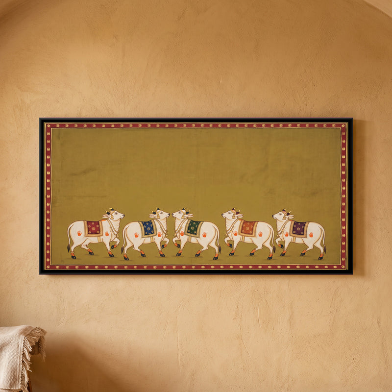 Five Decorated Cows - framed canvas art hung on a wall