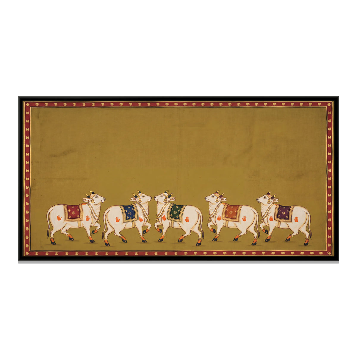 Five Decorated Cows - framed canvas print, front view