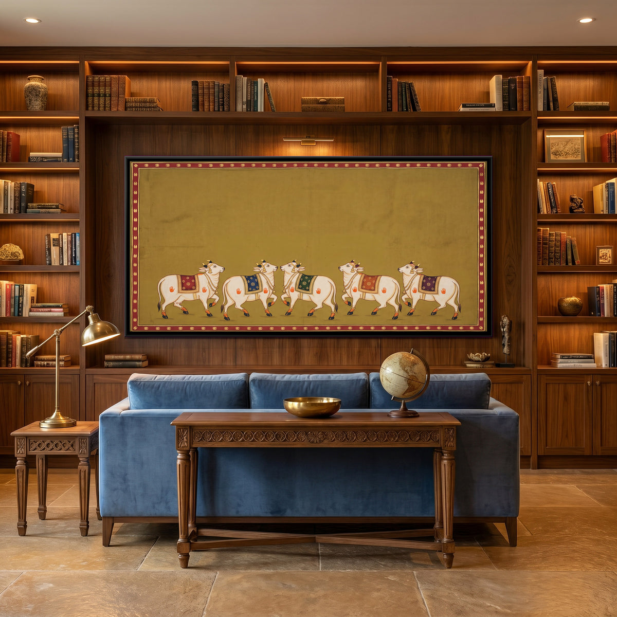 Five Decorated Cows - canvas art shown in a second room setting