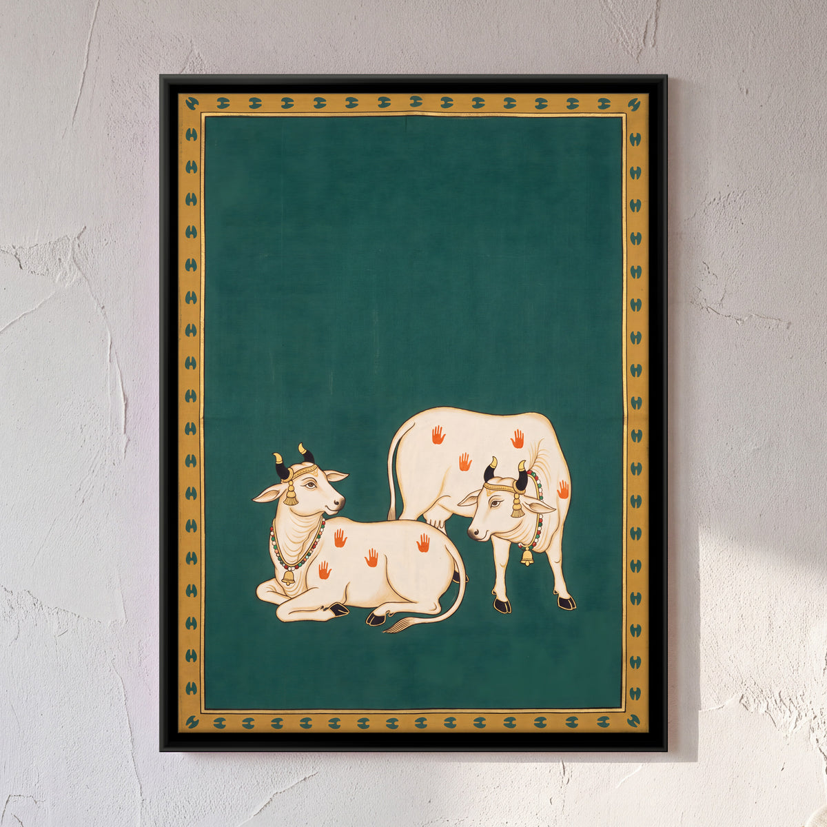 Sacred Cows with Palm Prints - framed canvas art hung on a wall