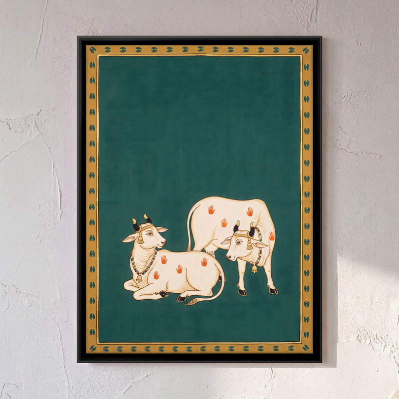 Sacred Cows with Palm Prints - framed canvas art hung on a wall