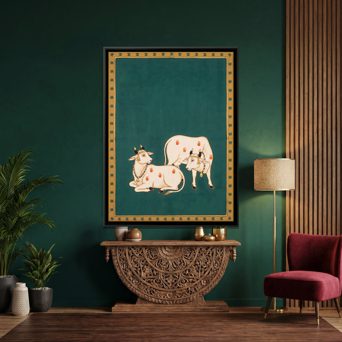 Sacred Cows with Palm Prints - canvas art shown in a styled room
