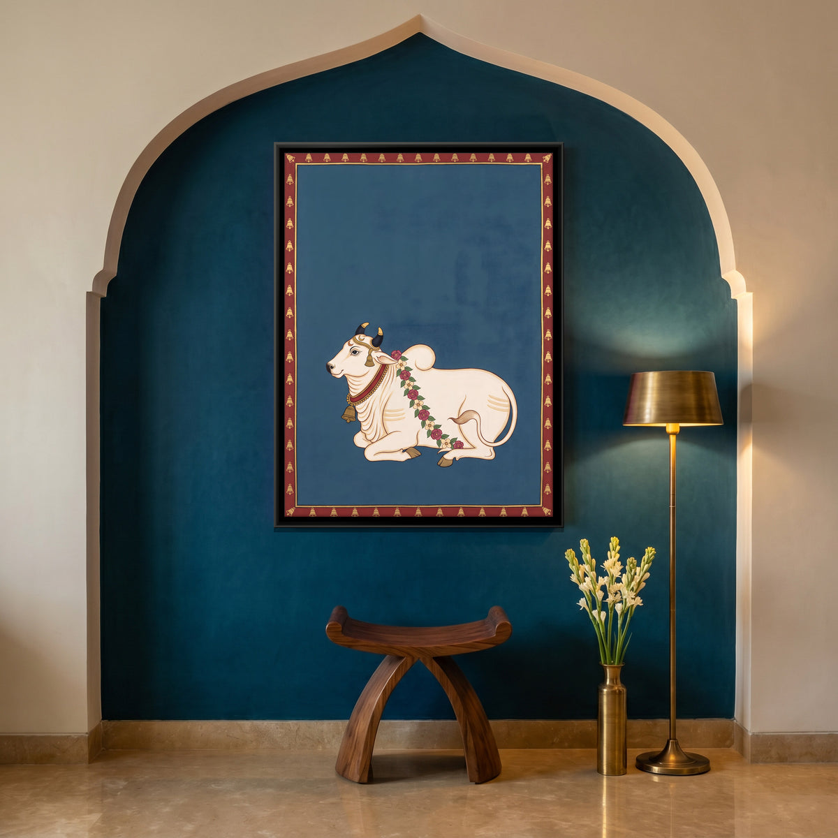 Garlanded Nandi Bull - canvas art shown in a styled room