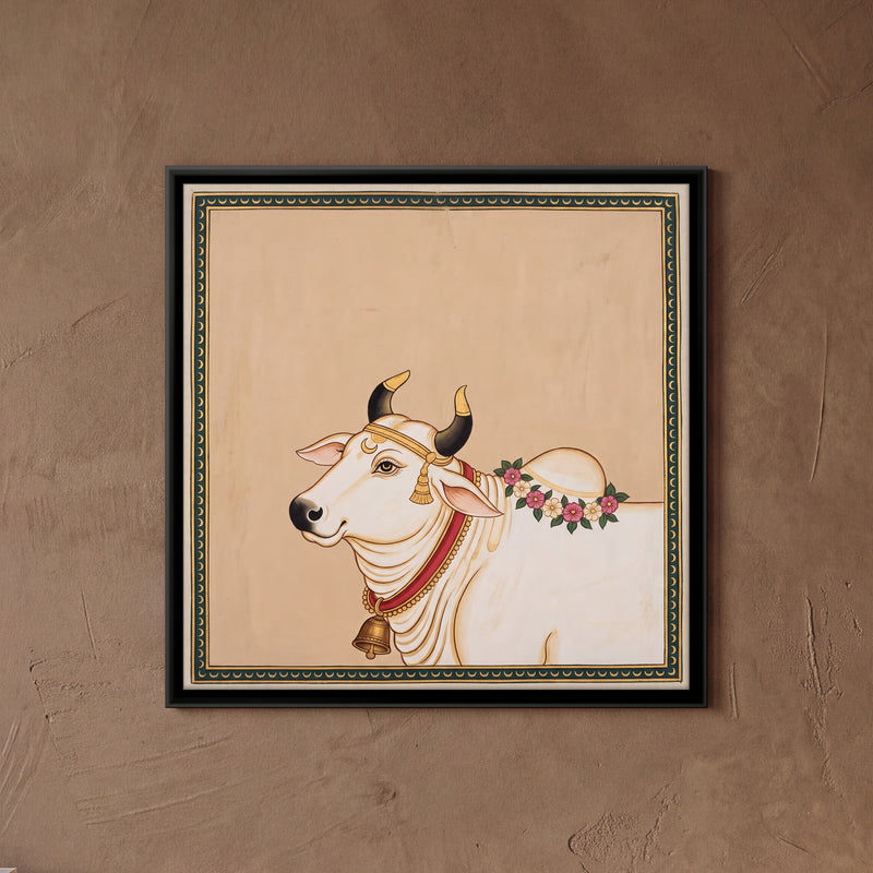 Garlanded Gau Mata - framed canvas art hung on a wall