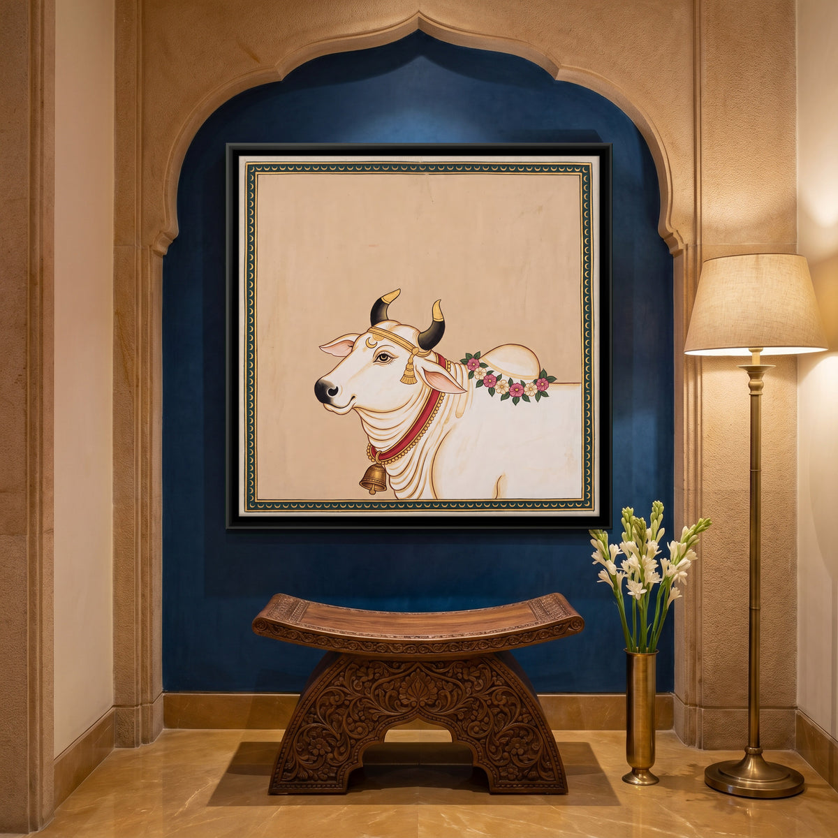 Garlanded Gau Mata - canvas art shown in a second room setting