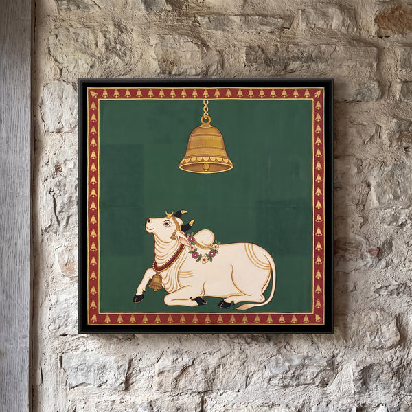 Seated White Nandi Bull Beneath a Temple Bell