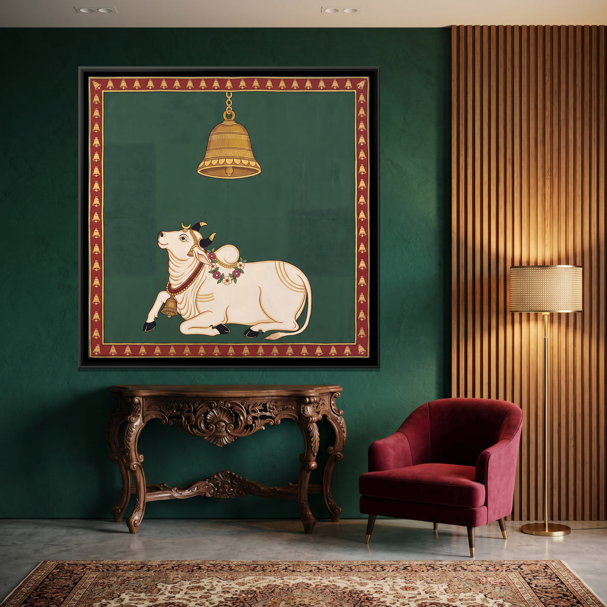 Nandi Beneath the Temple Bell - canvas art shown in a styled room