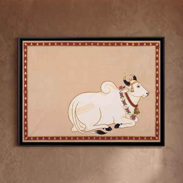 Resting White Cow with Floral Garland