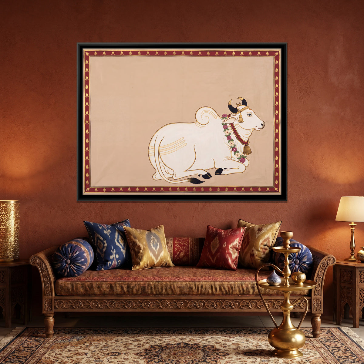 Resting Nandi Bull - canvas art shown in a styled room