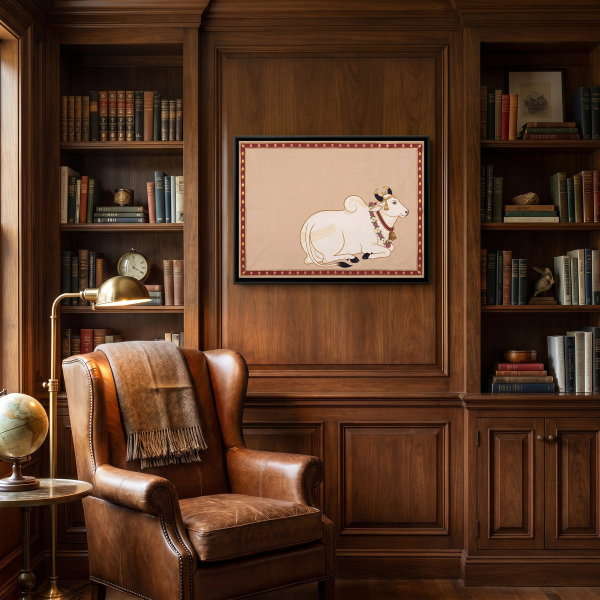 Resting Nandi Bull - canvas art shown in a second room setting