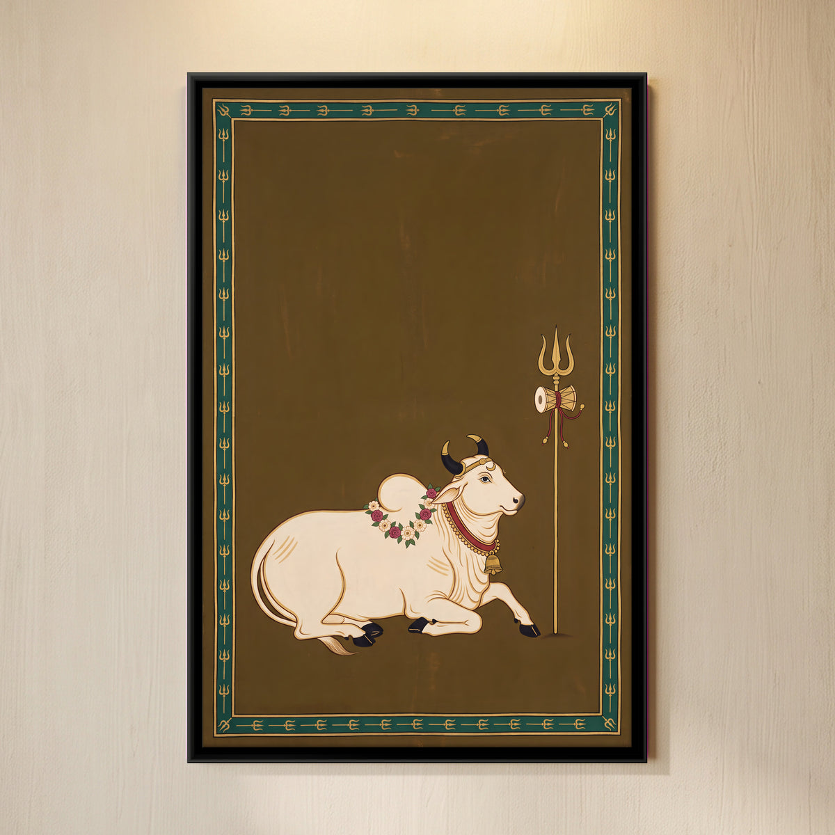 Nandi with Shiva's Trishul - framed canvas art hung on a wall