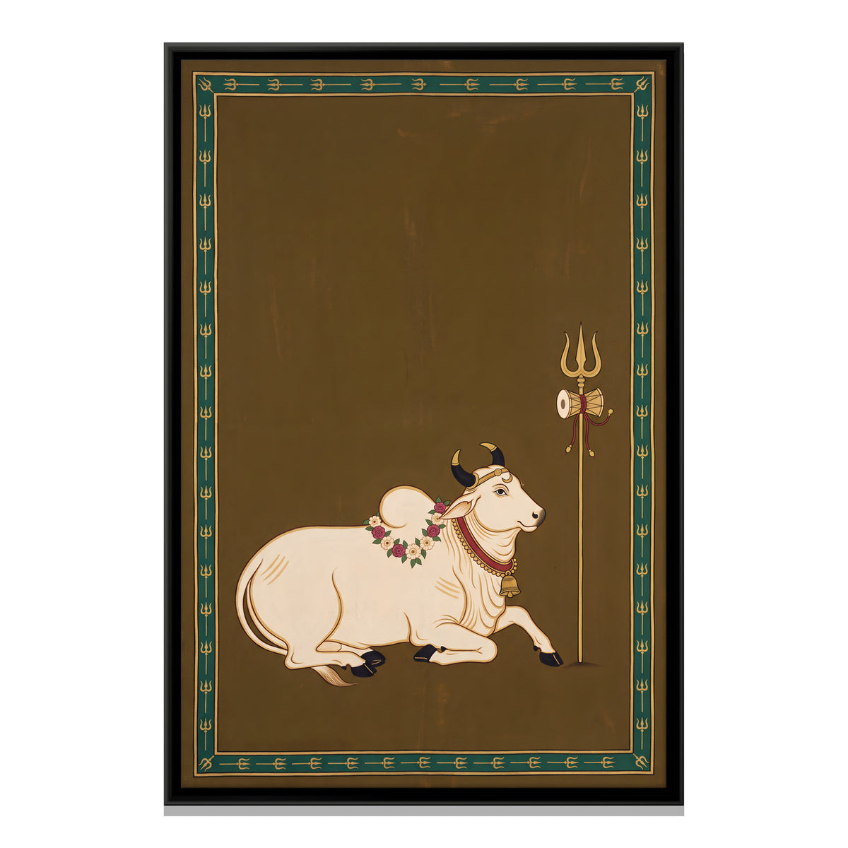 Nandi with Shiva's Trishul - framed canvas print, front view