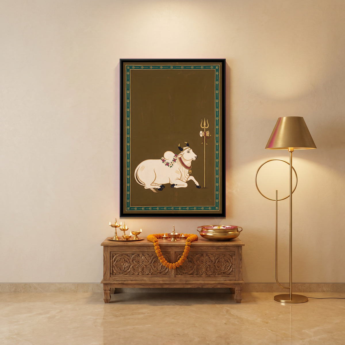Nandi with Shiva's Trishul - canvas art shown in a styled room