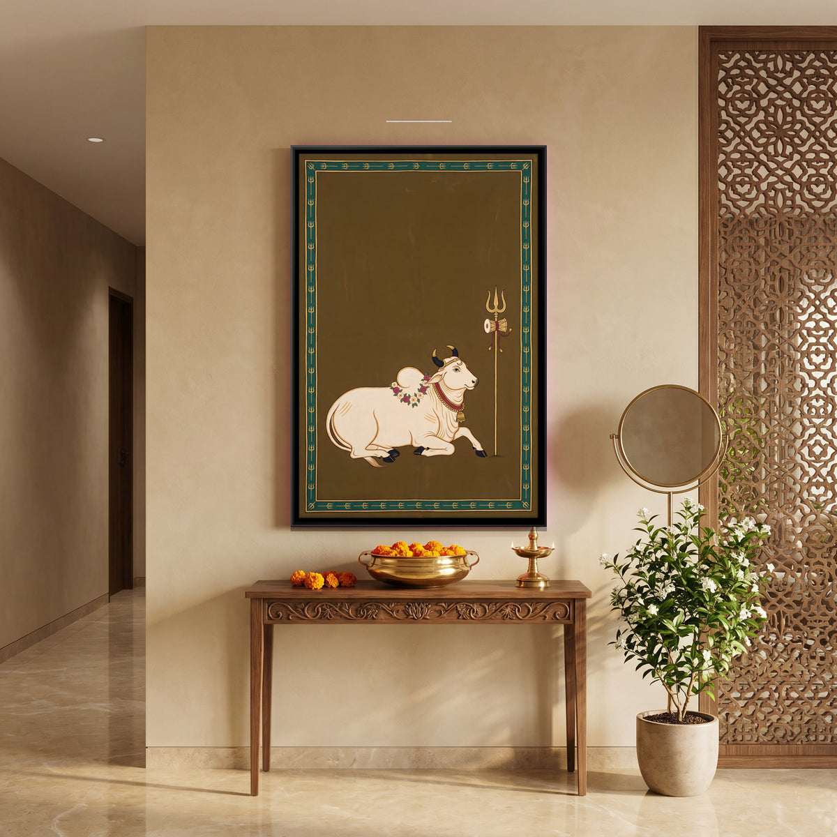 Nandi with Shiva's Trishul - canvas art shown in a second room setting