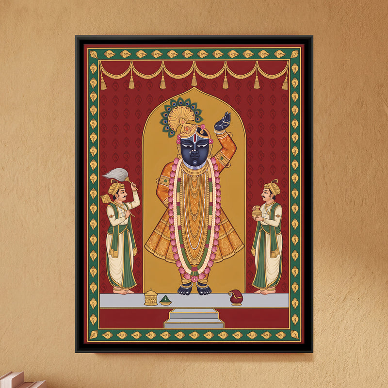 Shrinathji with Attendants - framed canvas art hung on a wall
