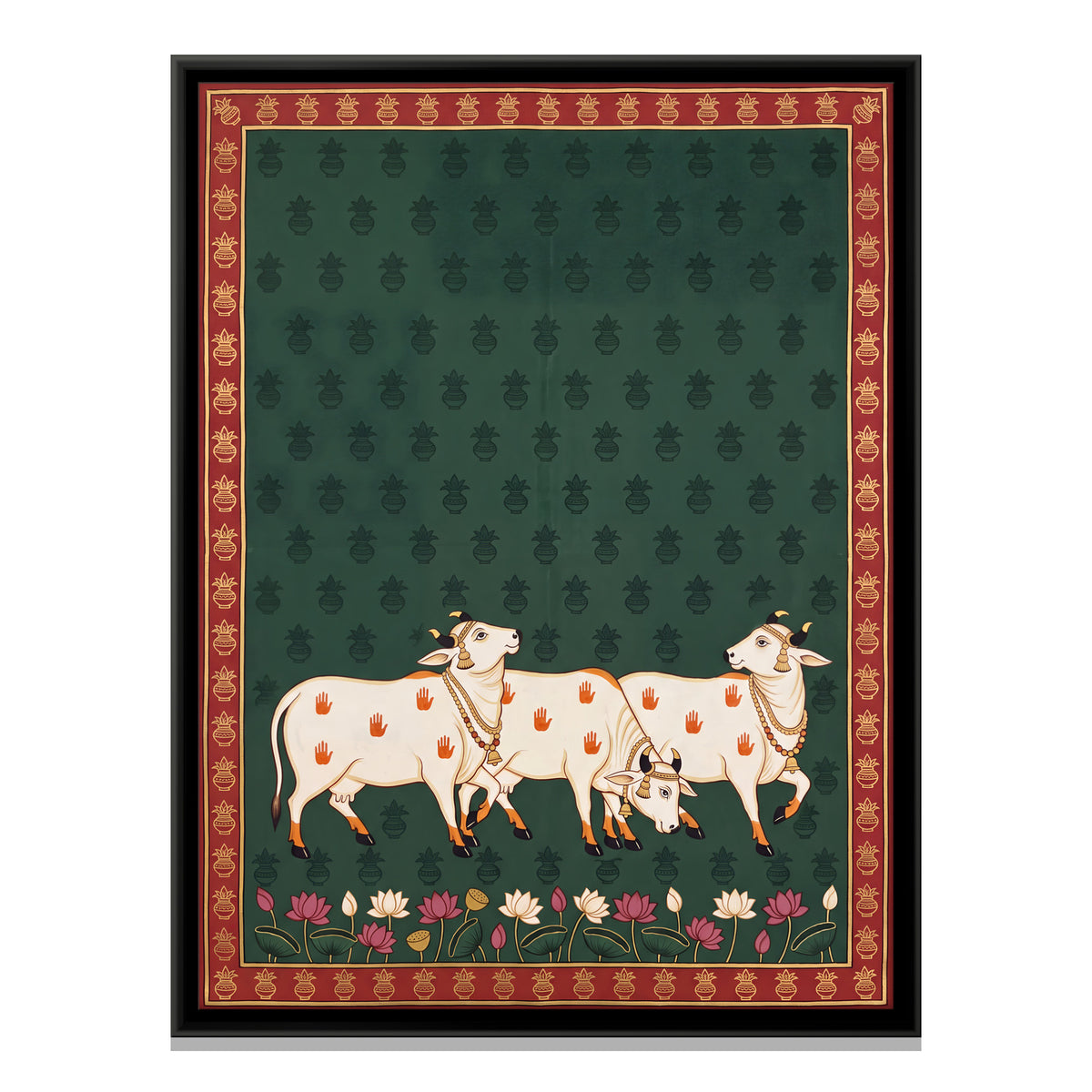 Cows with Kalash Motifs - framed canvas print, front view