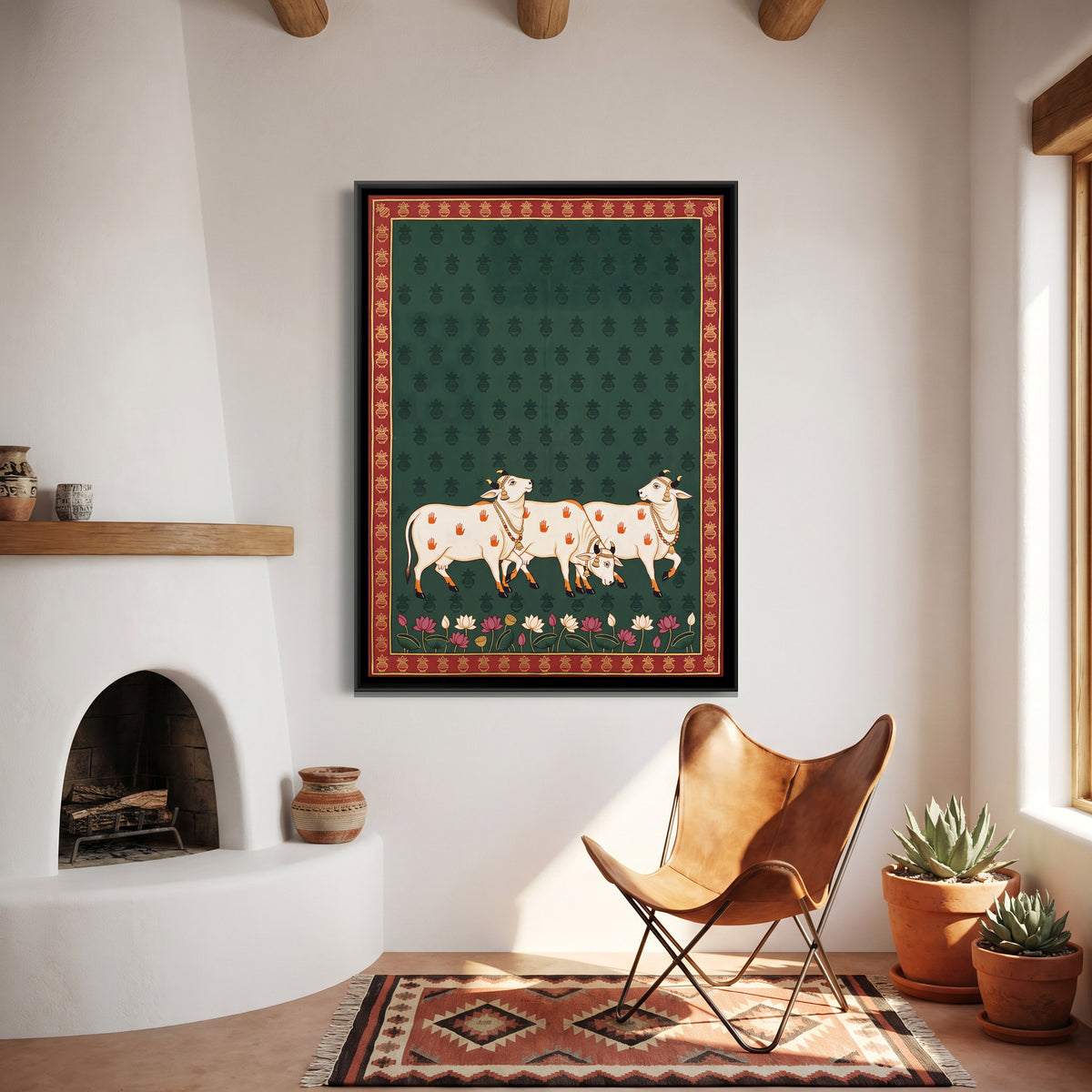 Cows with Kalash Motifs - canvas art shown in a styled room