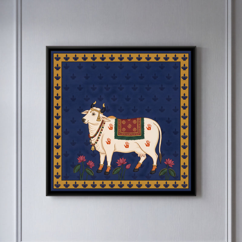 Gau Mata with Diyas - framed canvas art hung on a wall