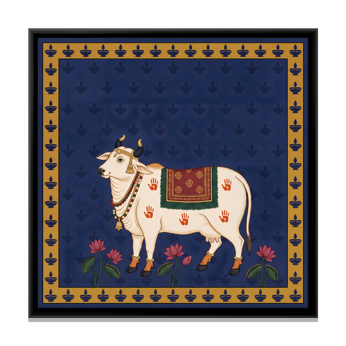 Gau Mata with Diyas - framed canvas print, front view