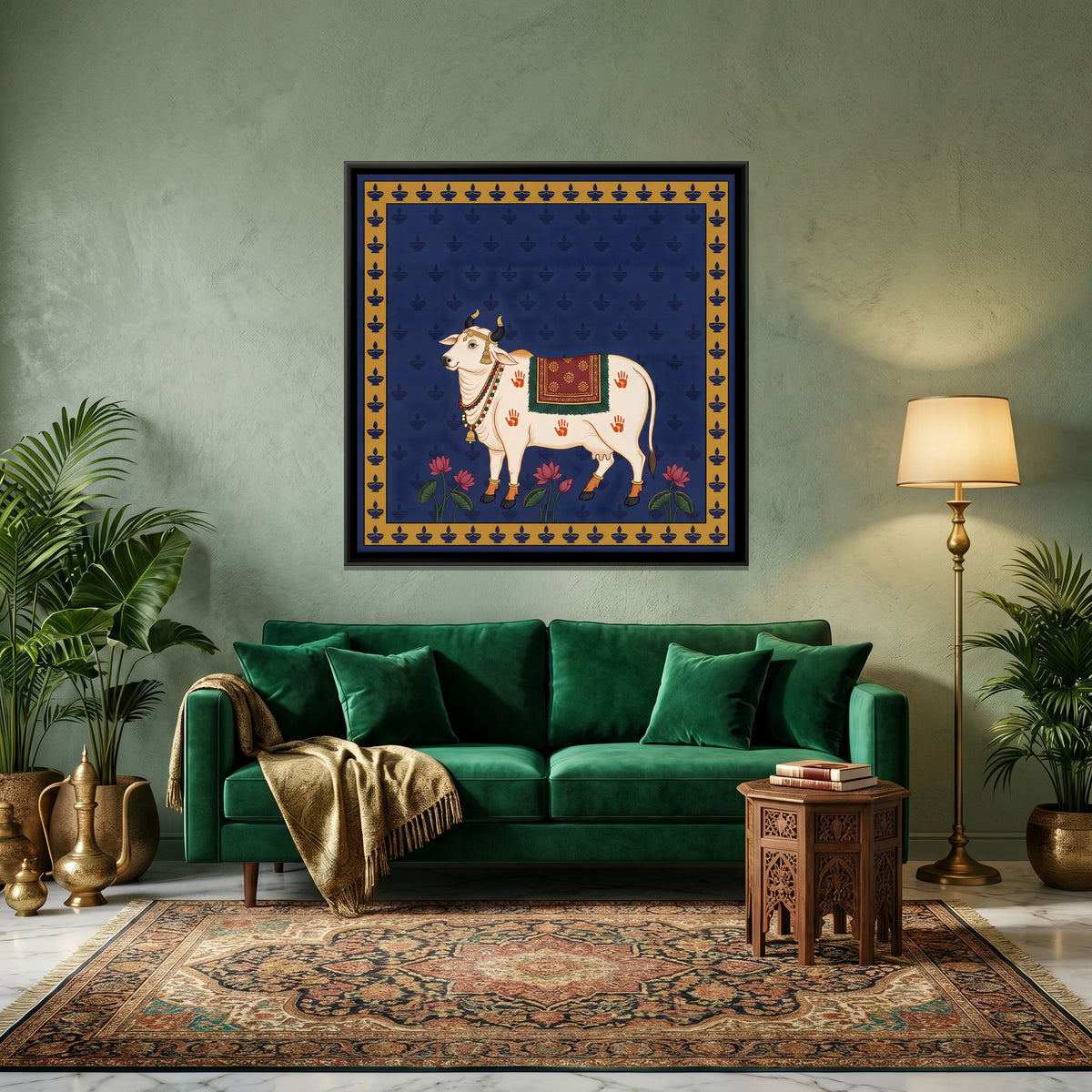 Gau Mata with Diyas - canvas art shown in a styled room