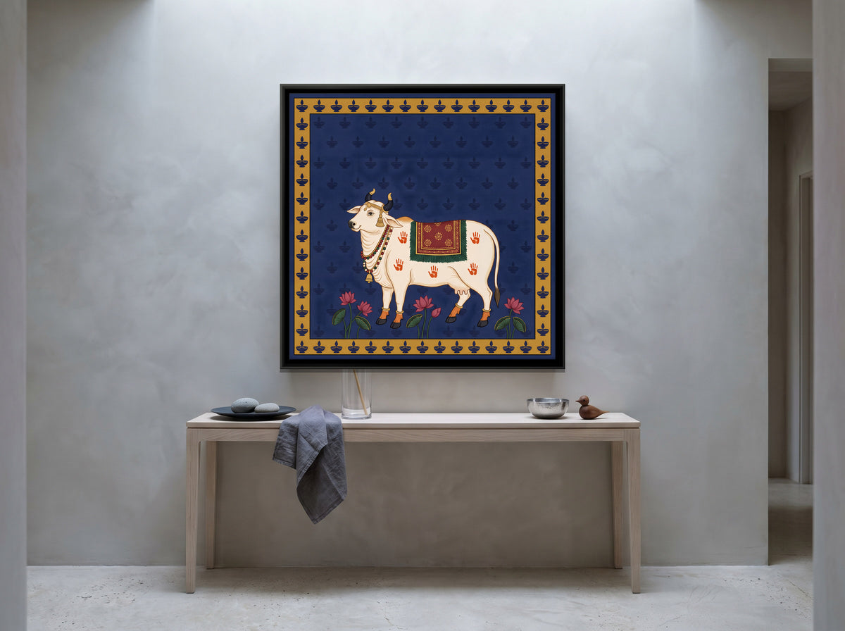 Gau Mata with Diyas - canvas art shown in a second room setting