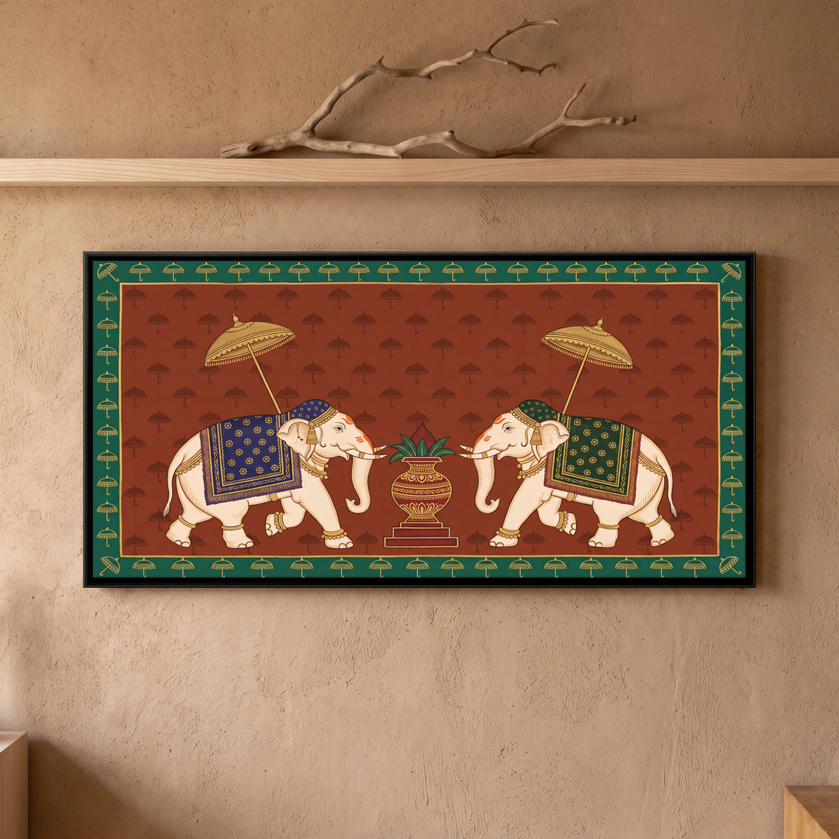 Two Elephants with a Kalash - framed canvas art hung on a wall