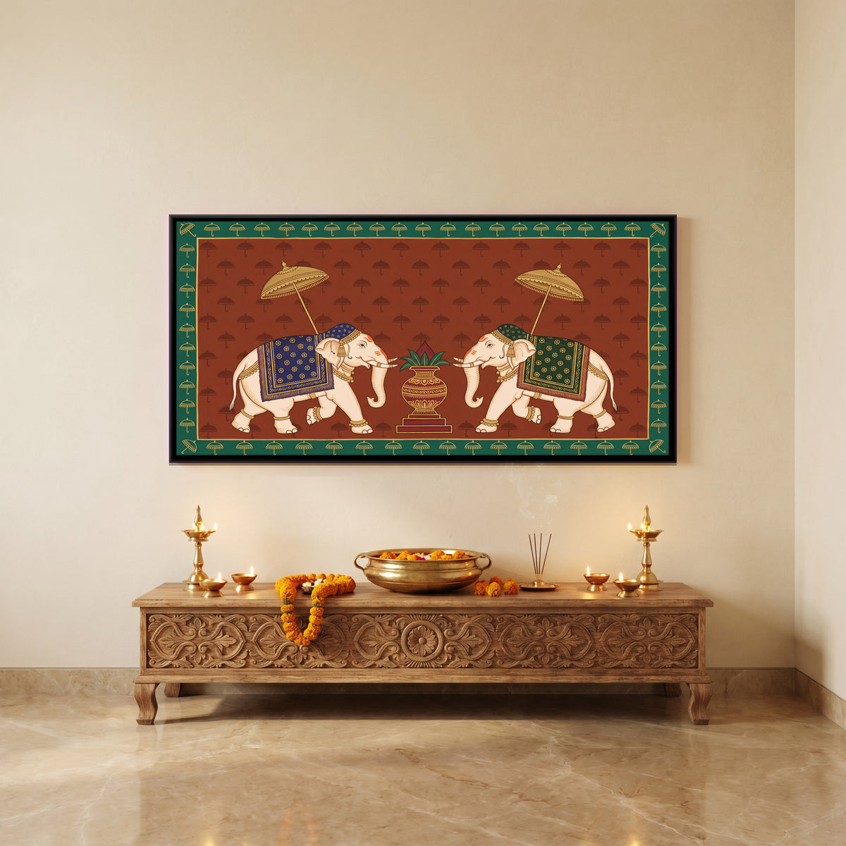 Two Elephants with a Kalash - canvas art shown in a styled room