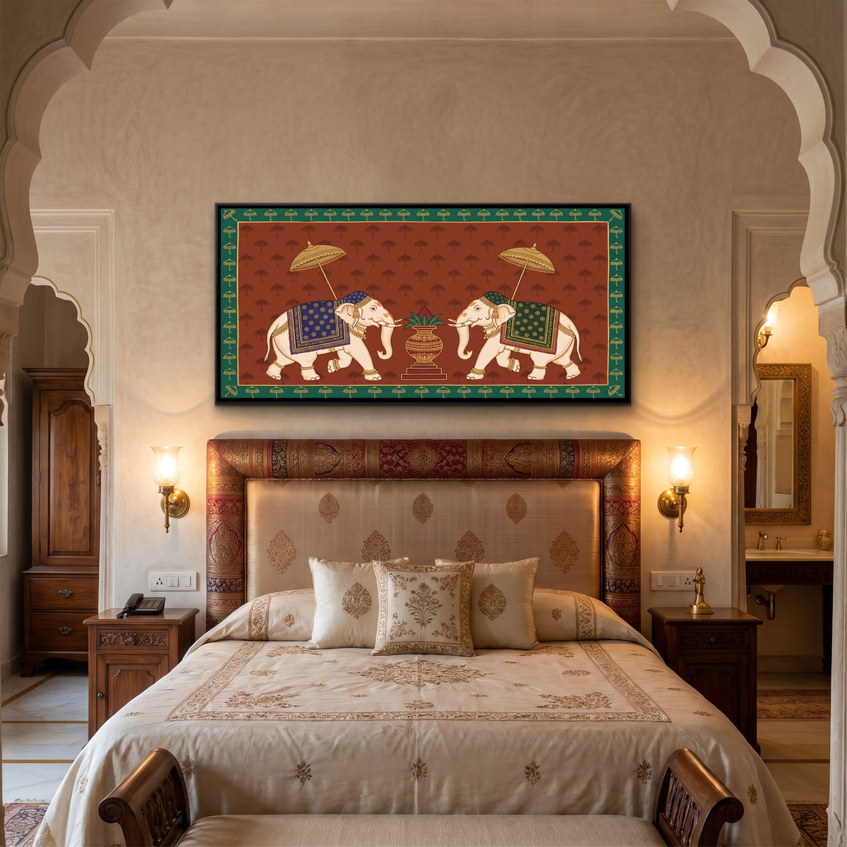 Two Elephants with a Kalash - canvas art shown in a second room setting