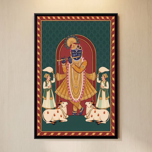Krishna Playing the Flute with Cows in Teal