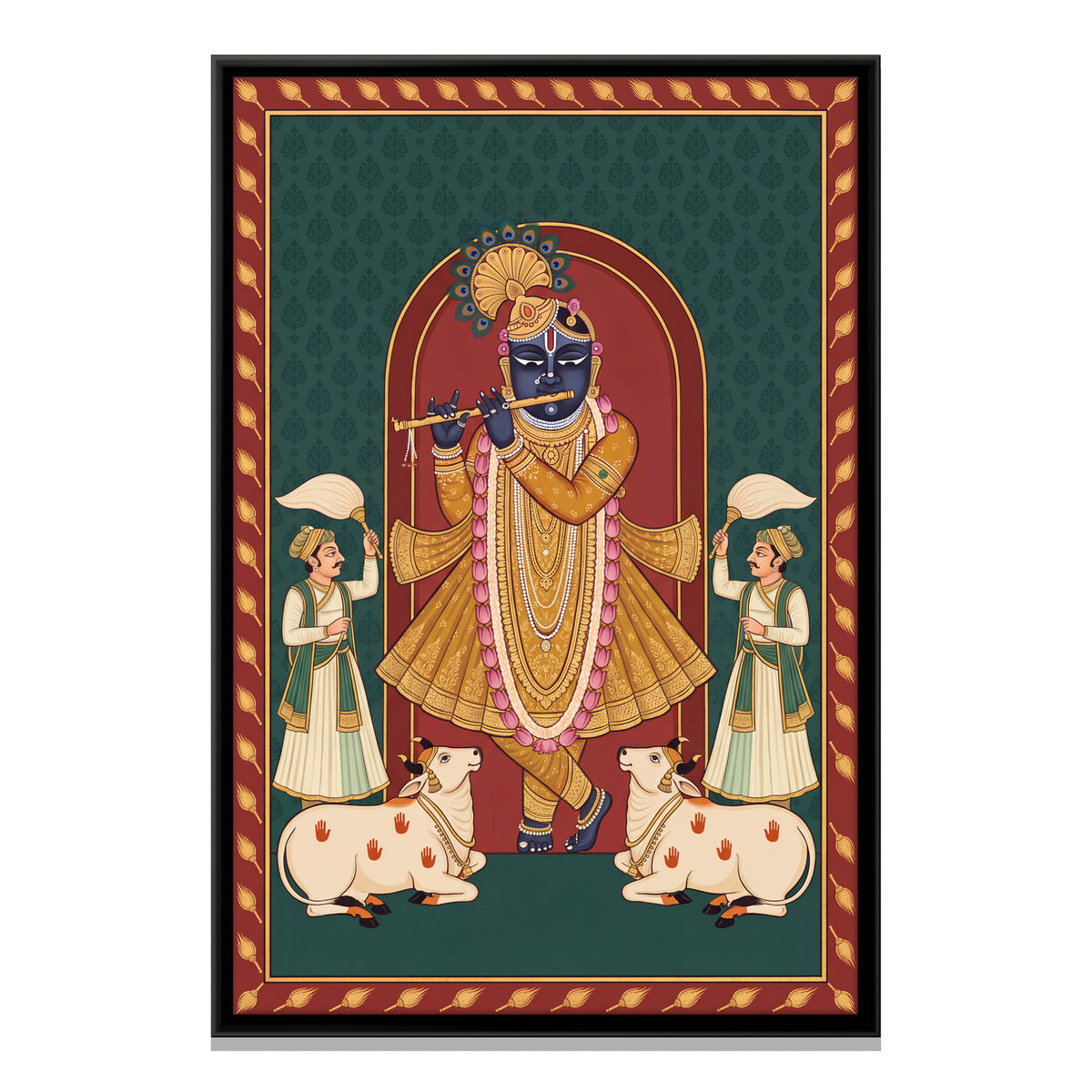 Krishna Playing the Flute with Cows - framed canvas print, front view