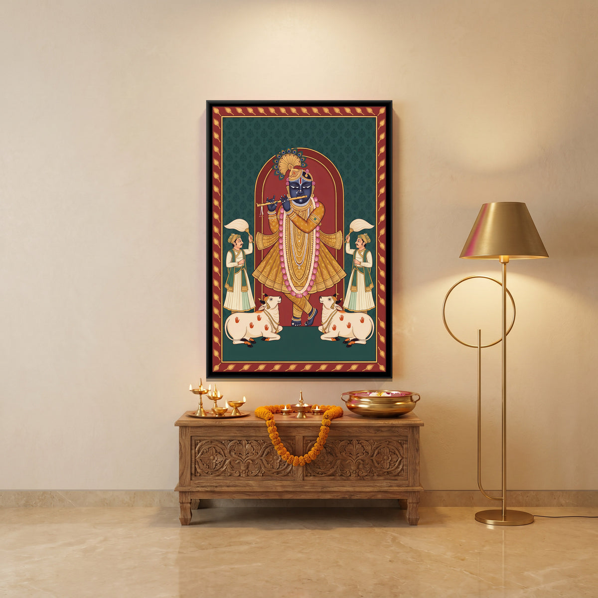 Krishna Playing the Flute with Cows - canvas art shown in a styled room