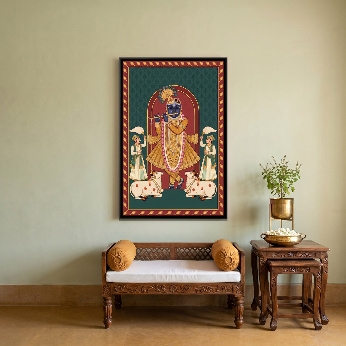 Krishna Playing the Flute with Cows - canvas art shown in a second room setting