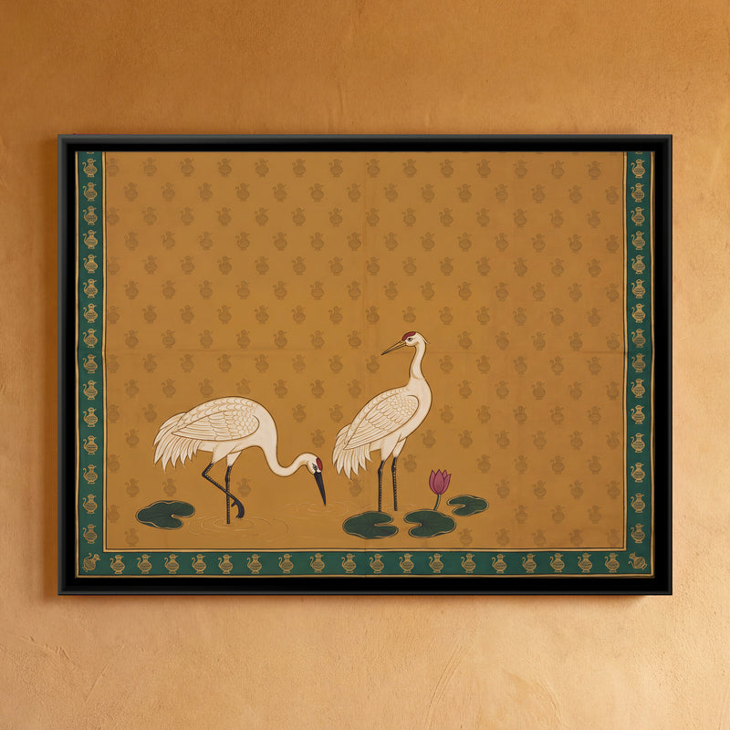 Pair of Cranes with Lotus - framed canvas art hung on a wall