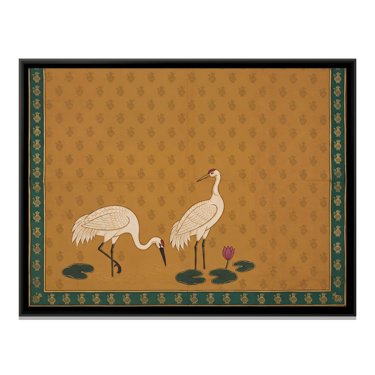 Pair of Cranes with Lotus - framed canvas print, front view